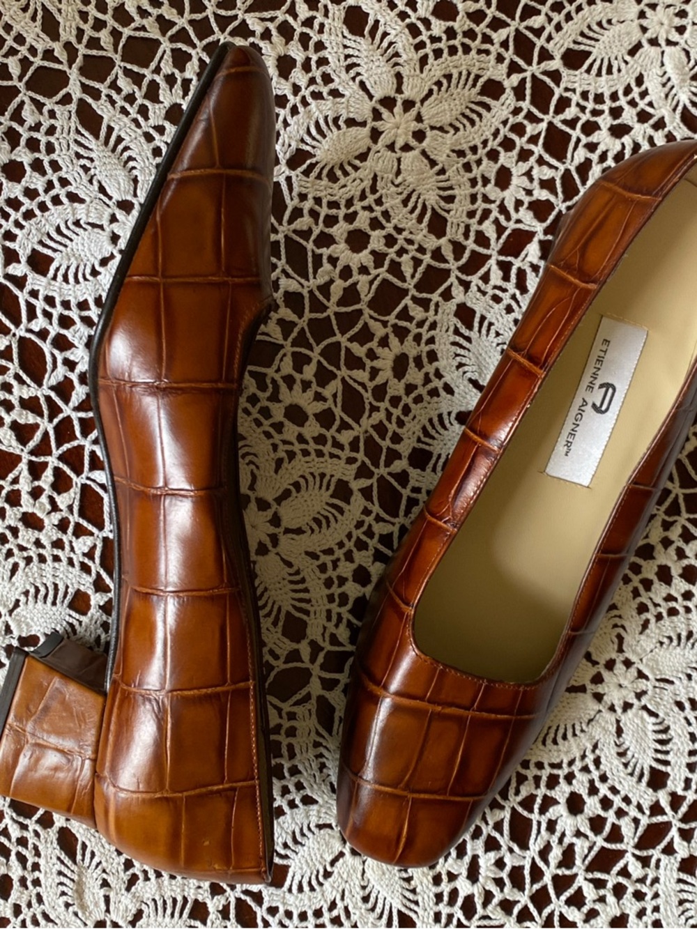 Etienne Aigner Cognac Croc-Embossed Leather Pumps